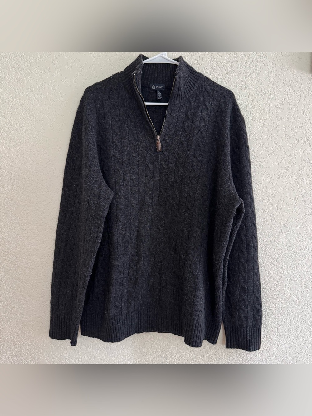 J. Crew Charcoal Gray Cable-Knit Half-Zip Wool Sweater Preppy Classic Grandpa L
